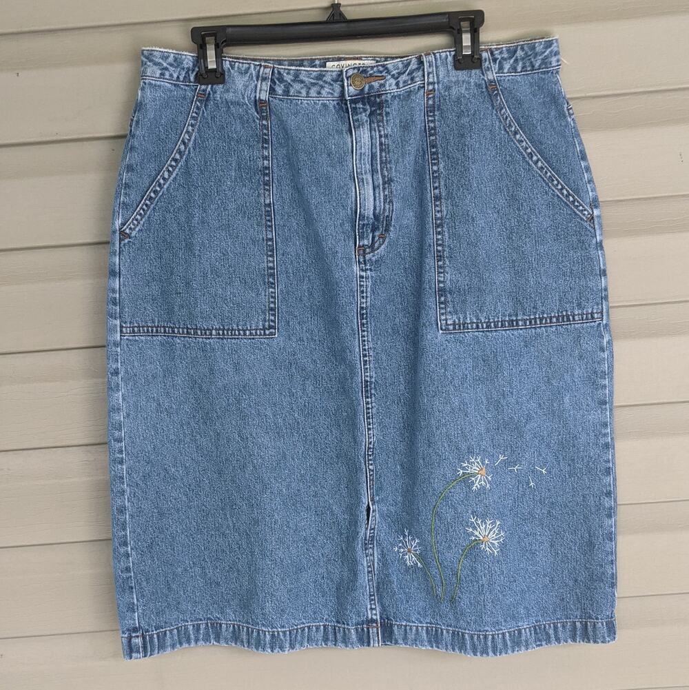 Upcycled Hand Embroidered Denim Skirt Size 16
